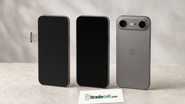 Three iPhones on a table, one with the SIM tray open