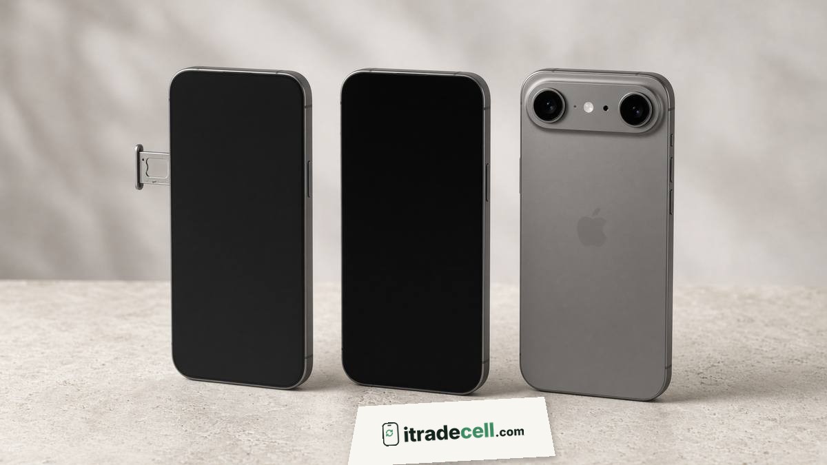 Three iPhones on a table, one with the SIM tray open