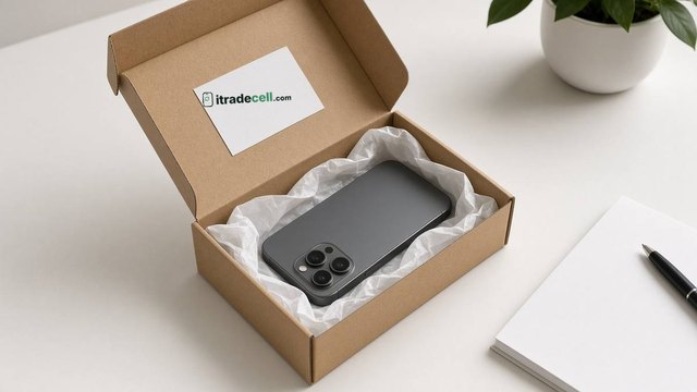 An iPhone packed in an open box with a blank shipping label
