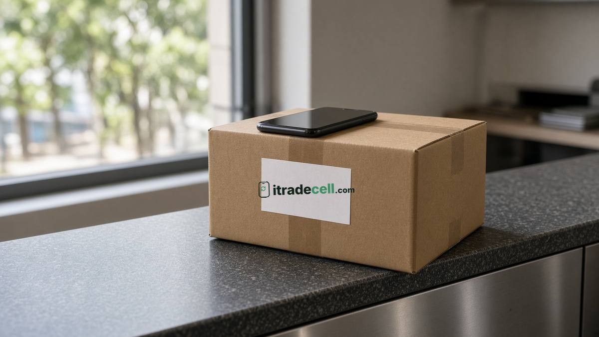 A closed shipping box with an iPhone on top, ready to mail